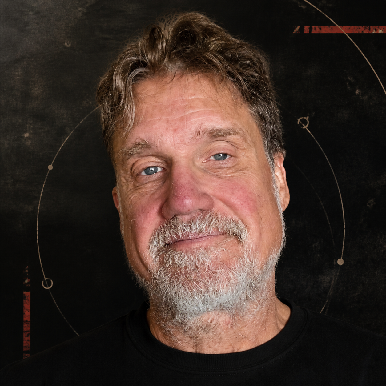 Portrait of performer and artist Todd Kliewer against an abstract scene map